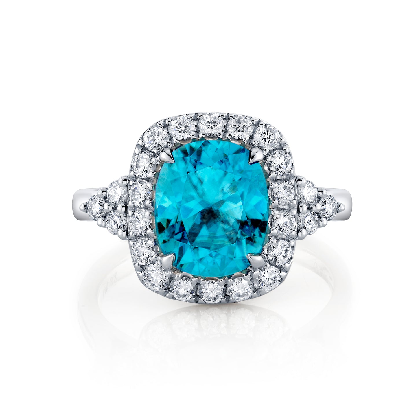 14K White Gold Cushion Blue Zircon and Diamond Halo Ring (4.63ctw)