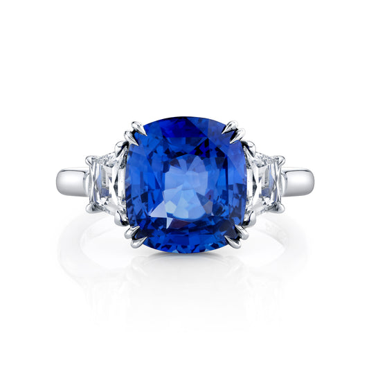 Platinum Cushion Sapphire & Trapezoid Diamond Ring (7.03ctw)