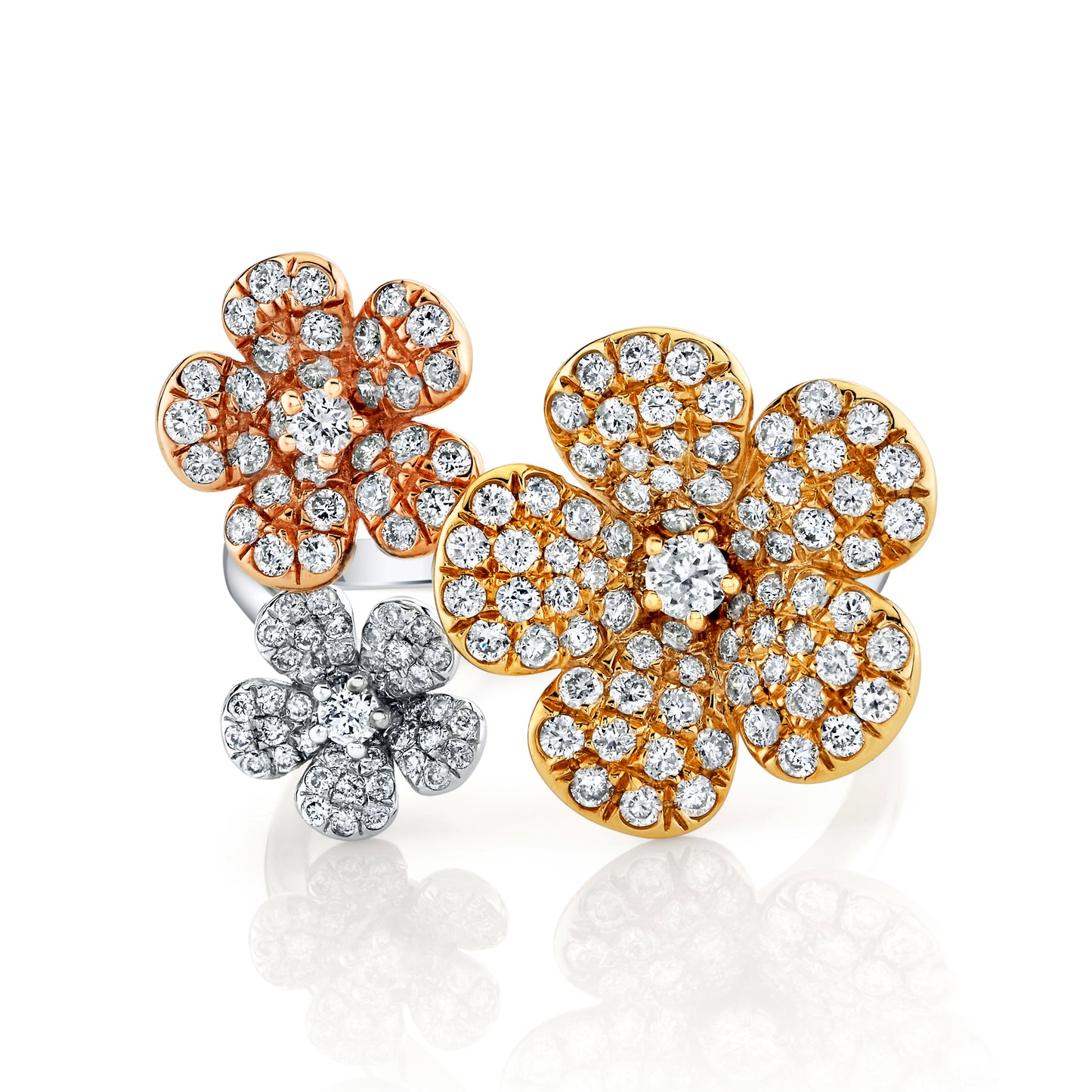 14K Yellow, White, And Rose Gold Pave Diamond Flower Ring