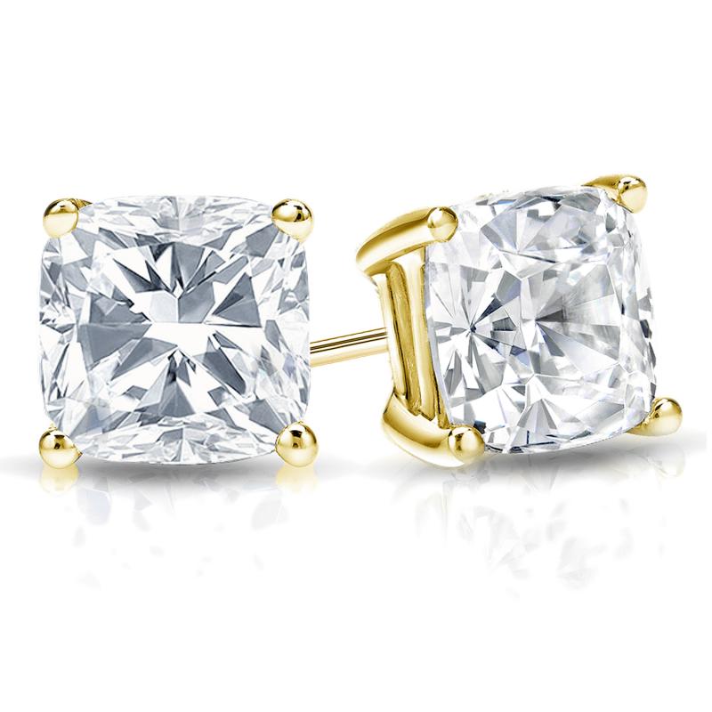 Yellow Gold Basket Set Cushion Cut Lab-Grown Diamond Stud Earrings