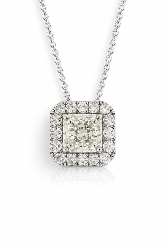 White Gold Radiant Diamond Halo Necklace