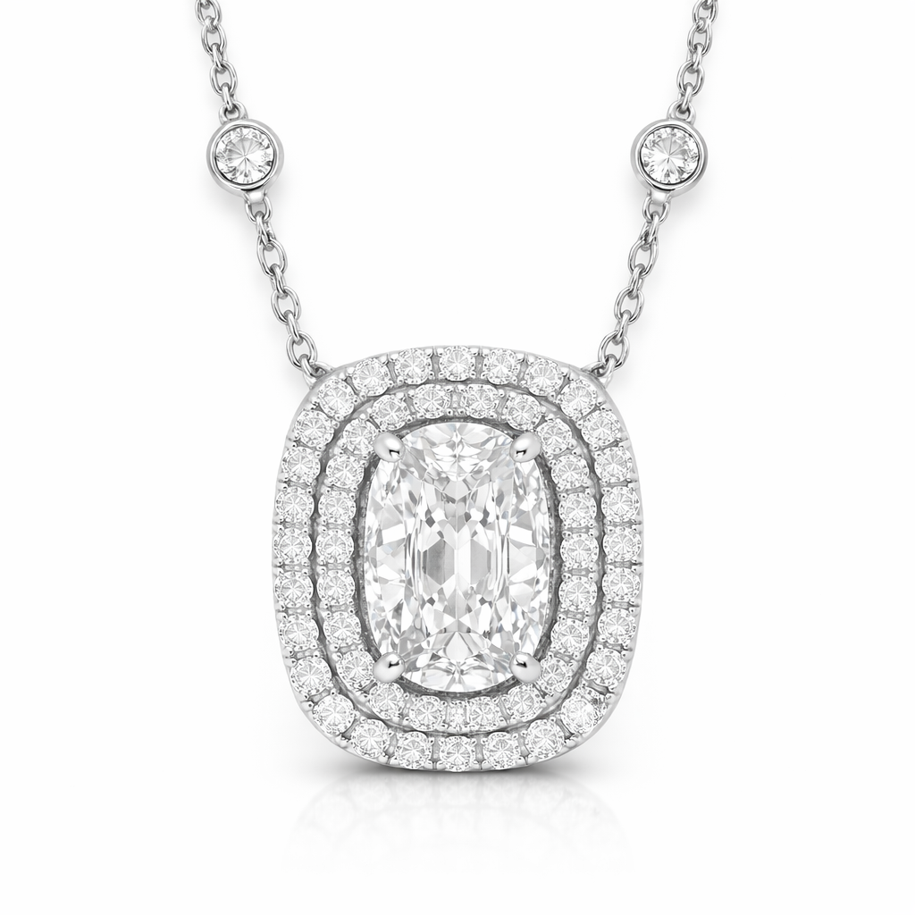 White Gold Elongated Cushion Double Halo Diamond Necklace