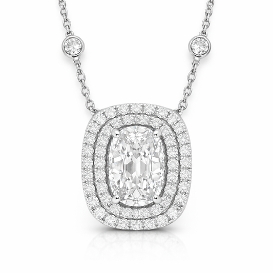 White Gold Elongated Cushion Double Halo Diamond Necklace