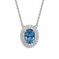 White Gold Oval Blue Topaz and Diamond Halo Necklace