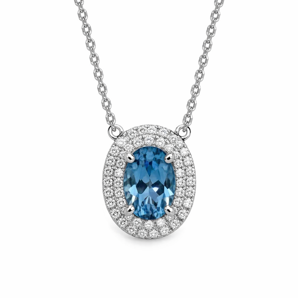 White Gold Oval Blue Topaz and Diamond Halo Necklace