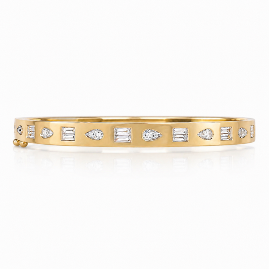 Yellow Gold Bangle With Mixed Shape Flush Set Diamonds