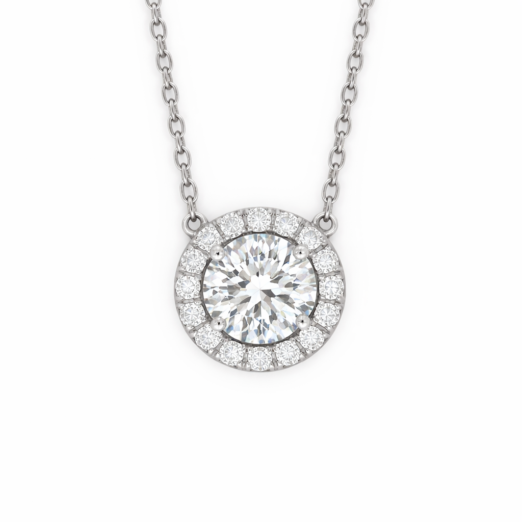 White Gold Round Diamond Halo Necklace
