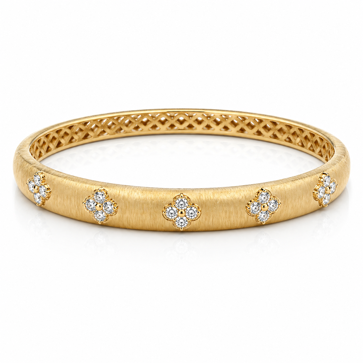 Yellow Gold Clover Diamond Hand Finished Bangle