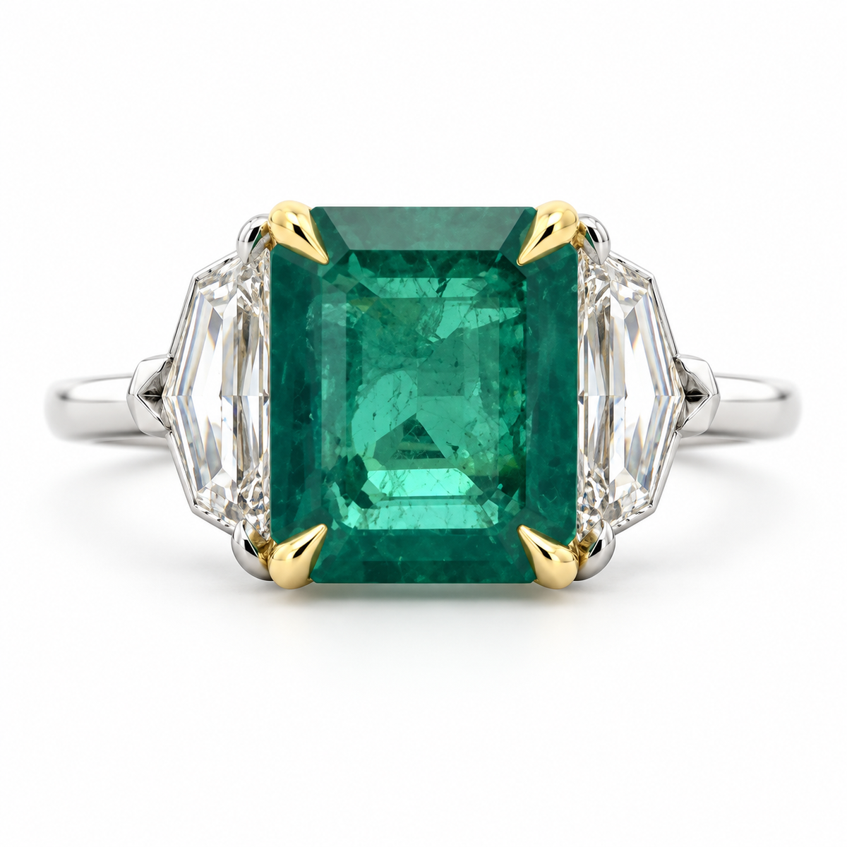 6.34ct Colombian Emerald & Cadillac Diamond Ring in Platinum and 18K Yellow Gold
