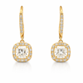 Yellow Gold Cushion Cut Halo Dangle Earrings