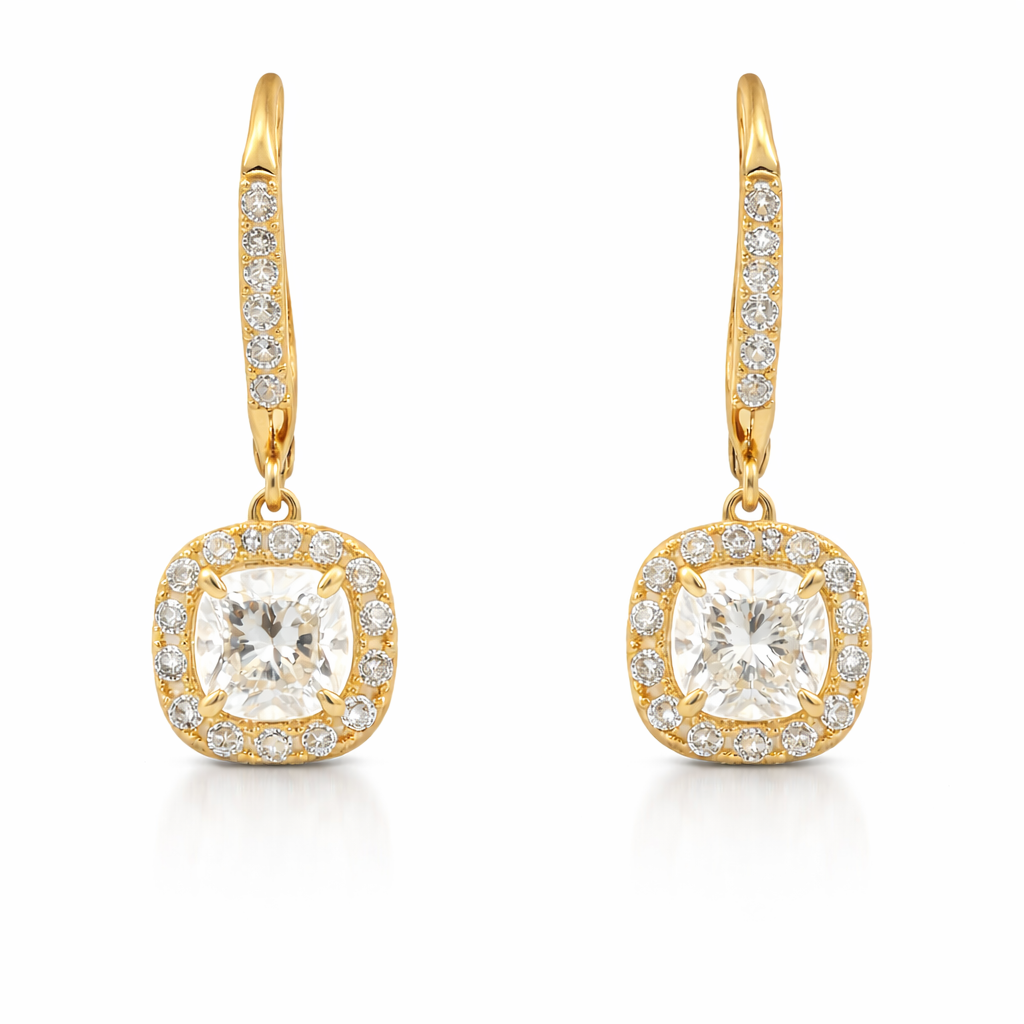 Yellow Gold Cushion Cut Halo Dangle Earrings
