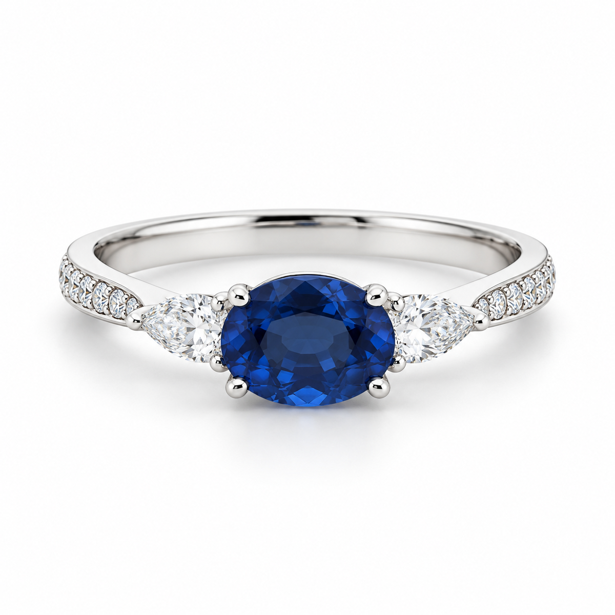 1.71ct East-West Oval Blue Sapphire and Diamond Ring in 18K White Gold