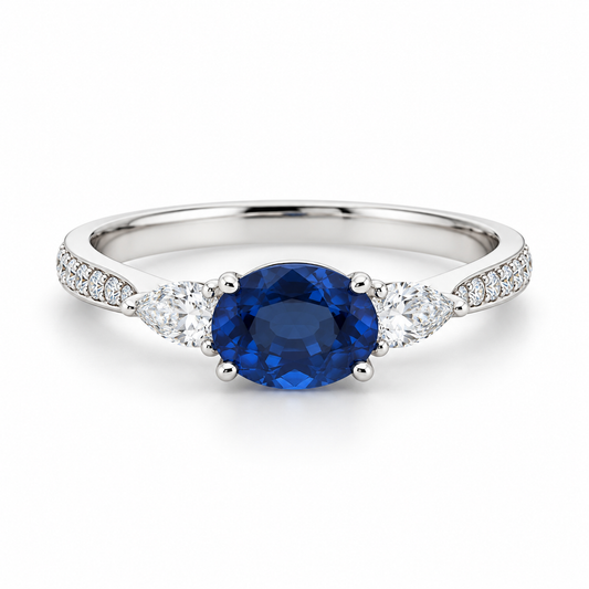 1.71ct East-West Oval Blue Sapphire and Diamond Ring in 18K White Gold