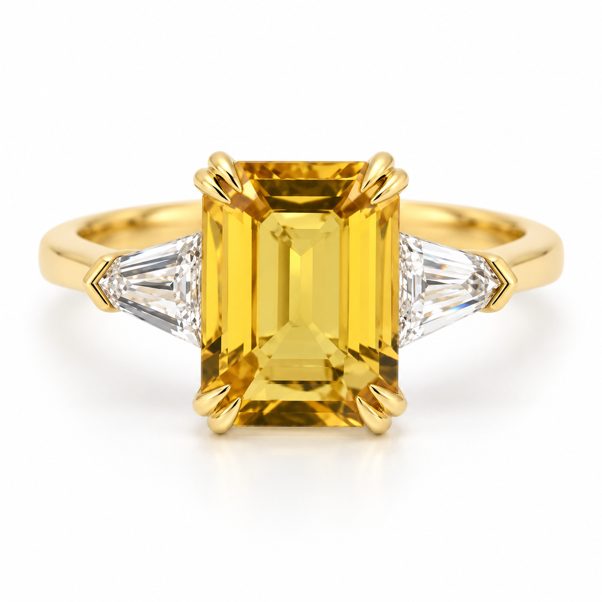2.69ct Emerald-Cut Yellow Sapphire and Diamond Three-Stone Ring in 18K Yellow Gold