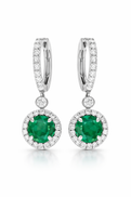 White Gold Emerald and Diamond Halo Drop Earrings