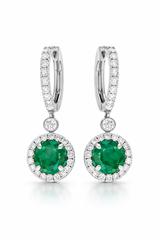 White Gold Emerald and Diamond Halo Drop Earrings