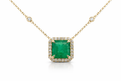 Yellow Gold Emerald and Diamond Halo Necklace