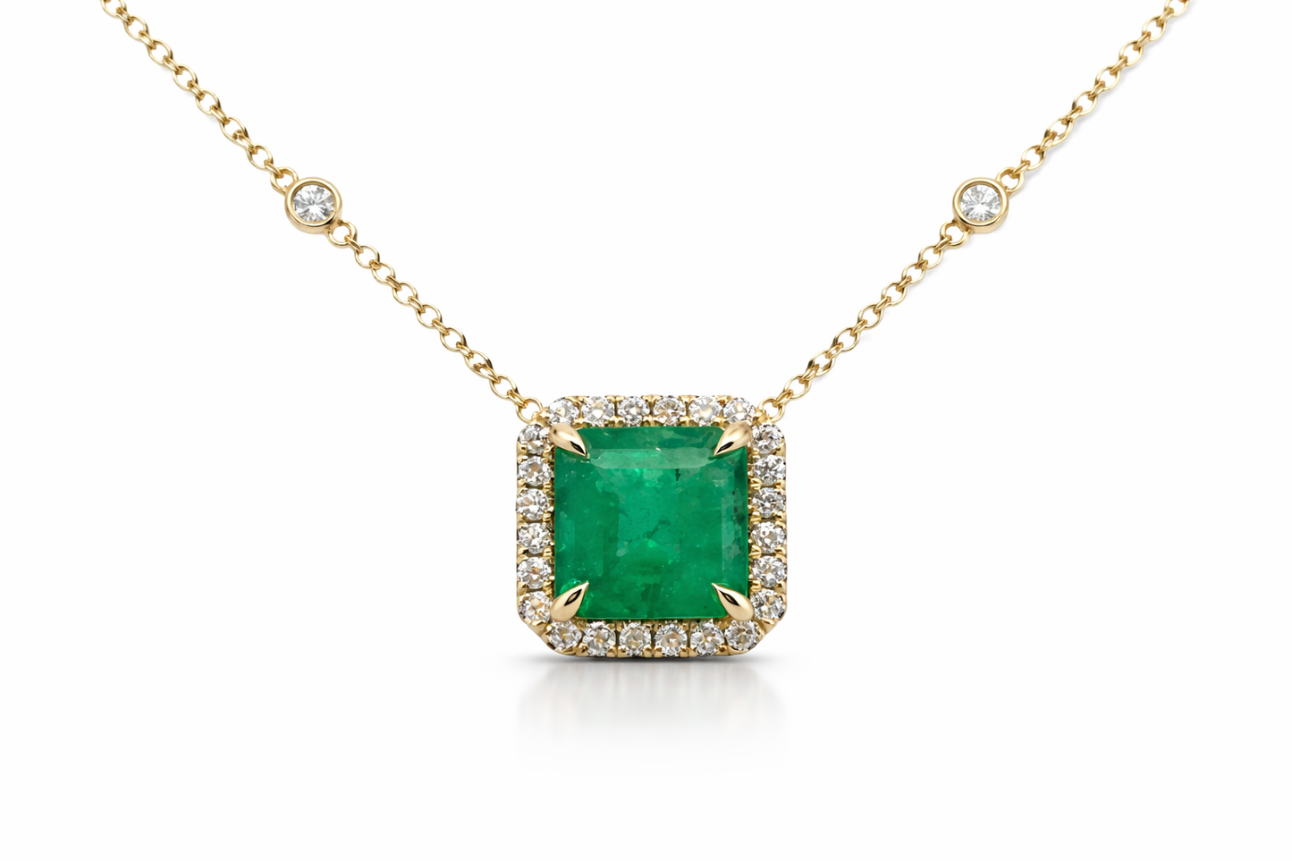 Yellow Gold Emerald and Diamond Halo Necklace