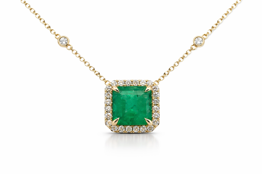 Yellow Gold Emerald and Diamond Halo Necklace