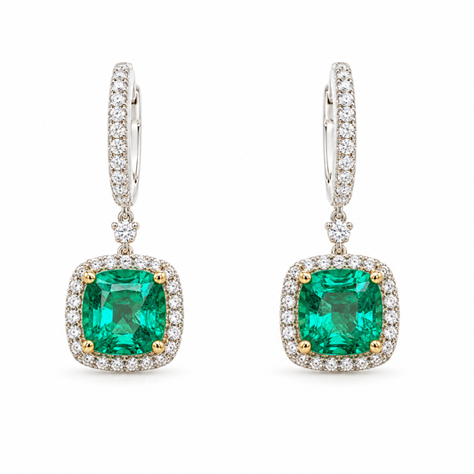 3.67ctw Cushion Emerald & Diamond Halo Drop Earrings in 18K White &amp; Yellow Gold