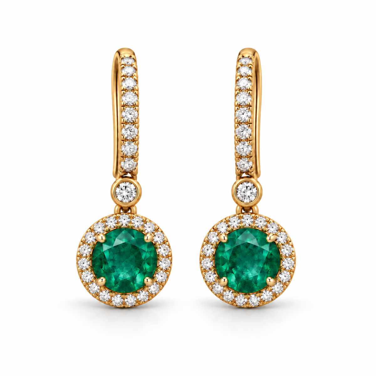 1.25ctw Round Zambian Emerald & Diamond Halo Drop Earrings in 18K Yellow Gold