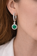 White Gold Emerald and Diamond Halo Drop Earrings