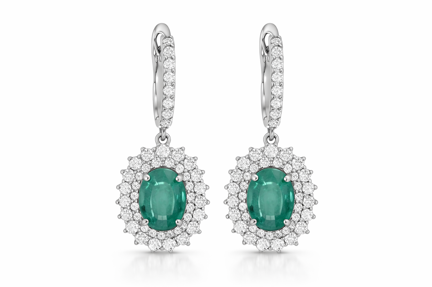 White Gold Emerald and Diamond Dangle Earrings