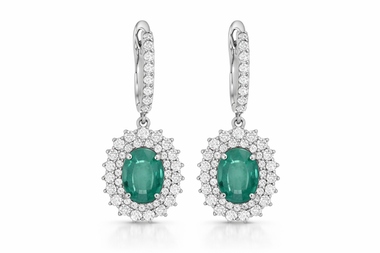 White Gold Emerald and Diamond Dangle Earrings