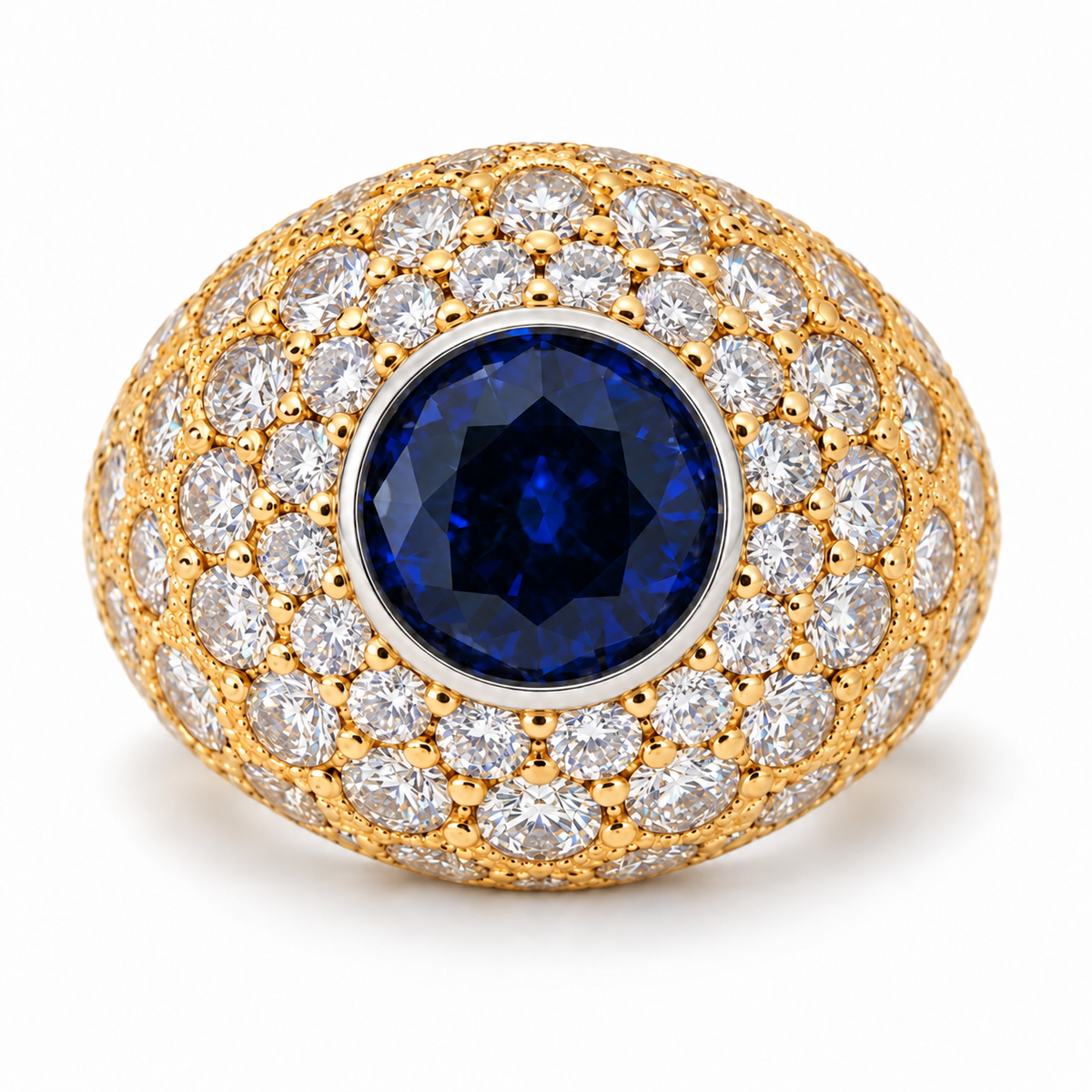 3.78ct Created Blue Sapphire & Diamond Dome Ring in Platinum and 14K Yellow Gold