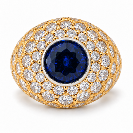 3.78ct Created Blue Sapphire & Diamond Dome Ring in Platinum and 14K Yellow Gold