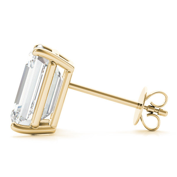 Yellow Gold Basket Set Emerald Cut Lab-Grown Diamond Stud Earrings