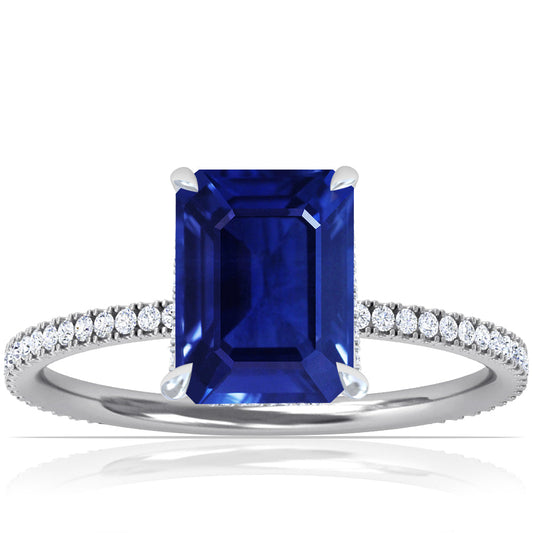 Platinum Emerald Cut Sapphire Hidden Halo Ring (2.09ctw)