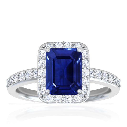 Platinum Emerald Cut Sapphire Diamond Halo Ring (2.20ctw)