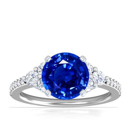 Platinum Round Sapphire Ring With Diamond Cluster Accents (1.80ctw)