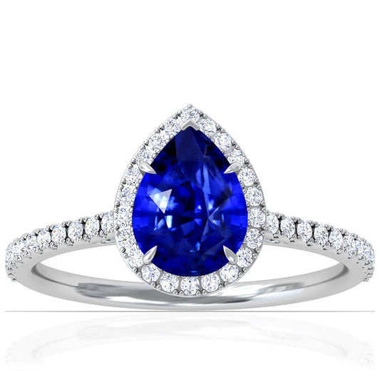 Platinum Pear Shape Sapphire And Diamond Halo Ring (1.60ctw)