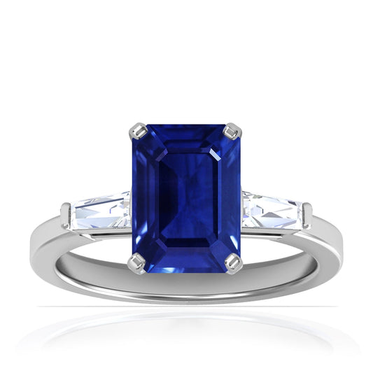 Platinum Emerald Cut Sapphire And Baguette Diamond Ring (1.80ctw)