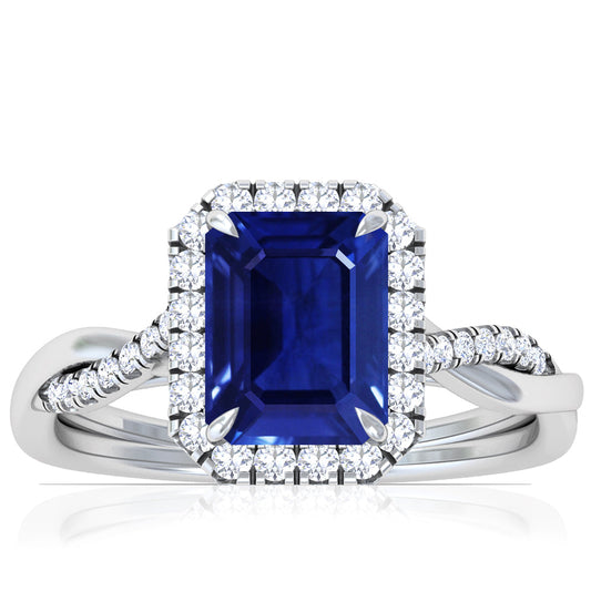 Platinum Emerald Cut Sapphire Twisted Ring With Pave Diamond Accents (1.80ctw)