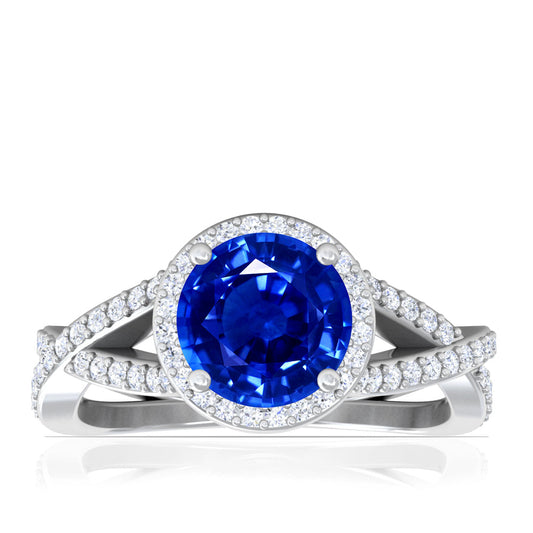 Platinum Round Sapphire Twisted Halo Ring With Pave Diamond Accents (2.18ctw)