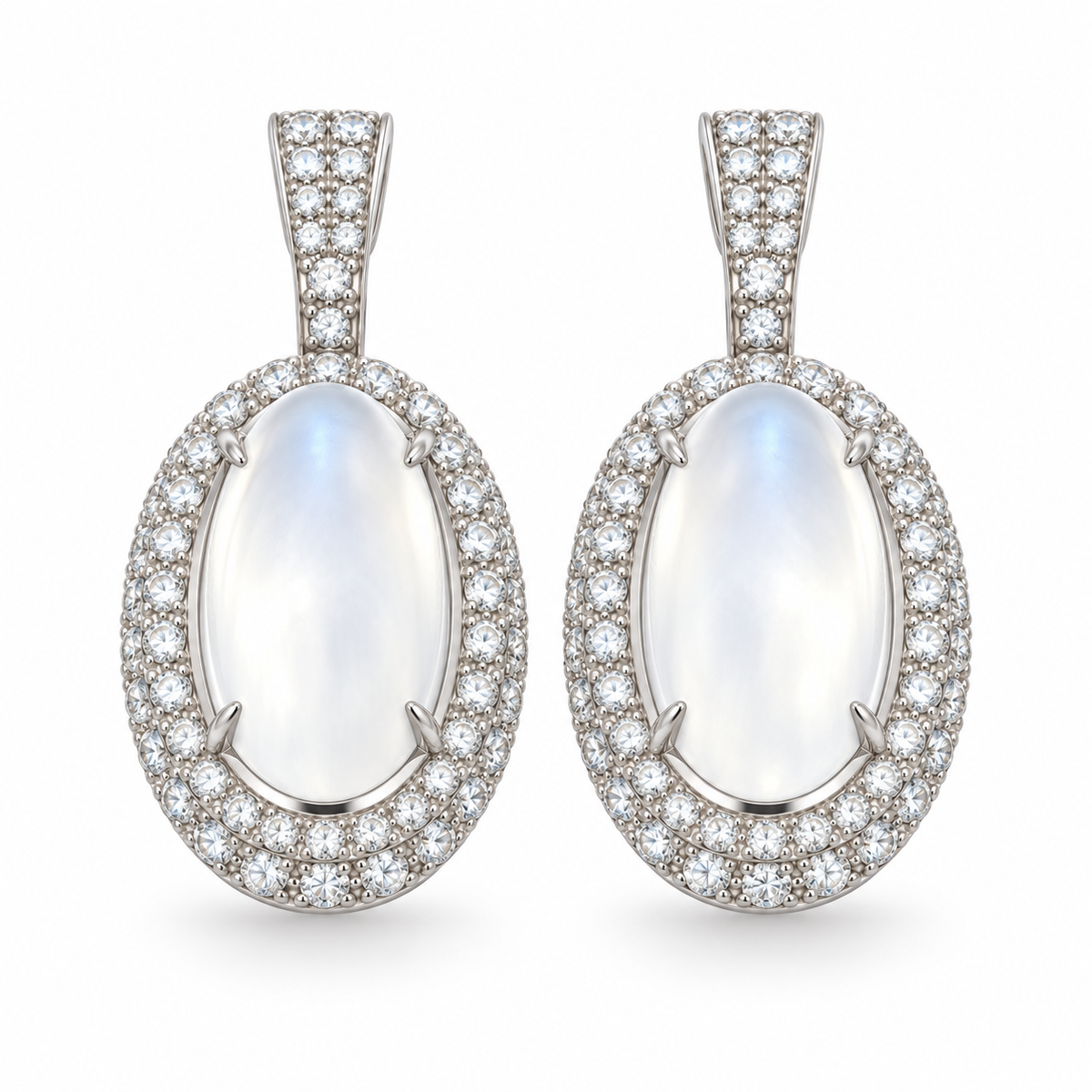 7.96ctw Oval Tanzanian Moonstone & Diamond Drop Earrings in 18K White Gold
