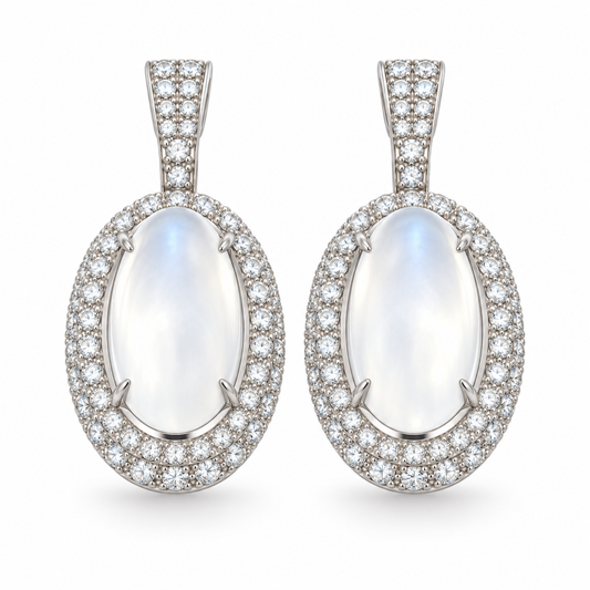 7.96ctw Oval Tanzanian Moonstone & Diamond Drop Earrings in 18K White Gold