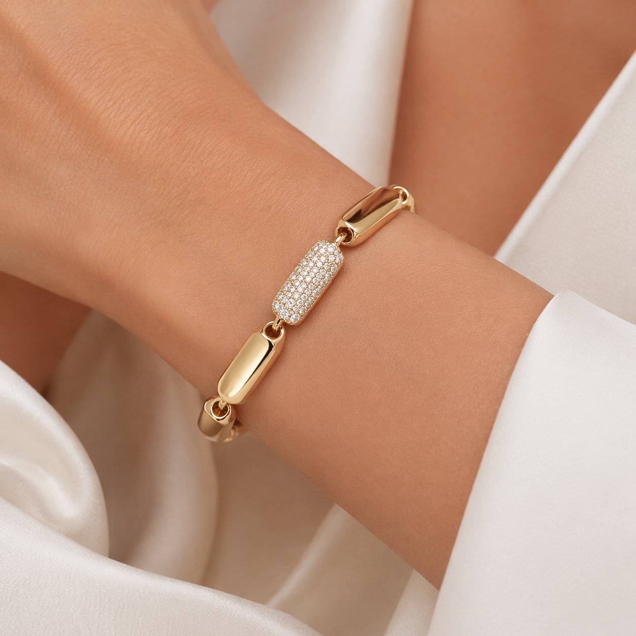 Yellow Gold Fancy Link Bracelet With Pave Diamonds