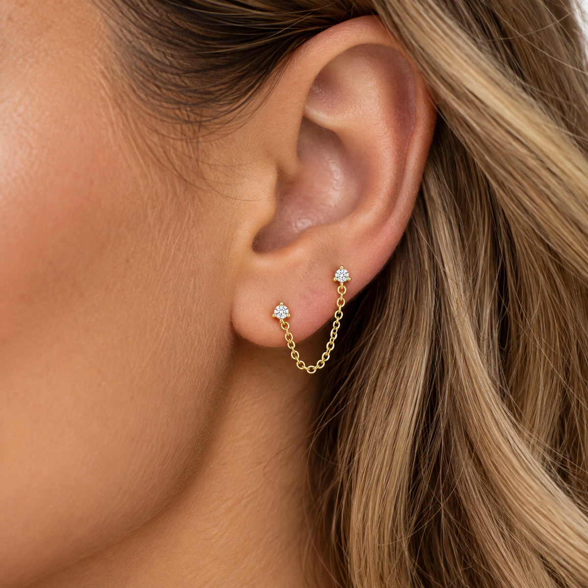 .04ctw Yellow Gold Double Piercing Diamond Chain Earring