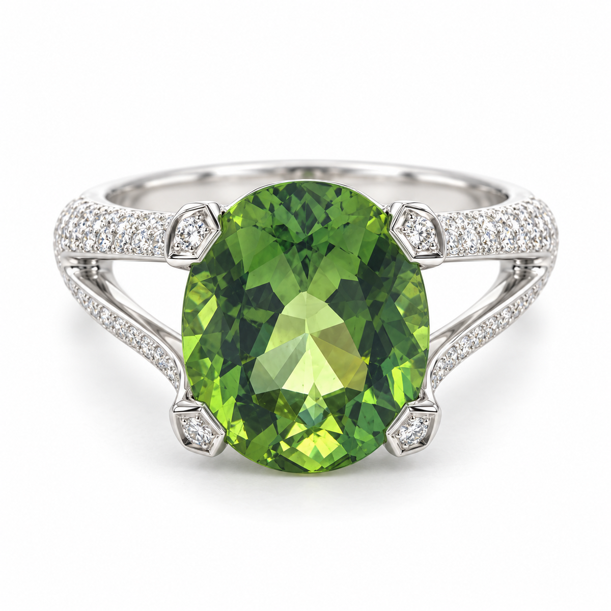 5.53ct Oval Green Tourmaline and Diamond Split Shank Ring in 18K White Gold