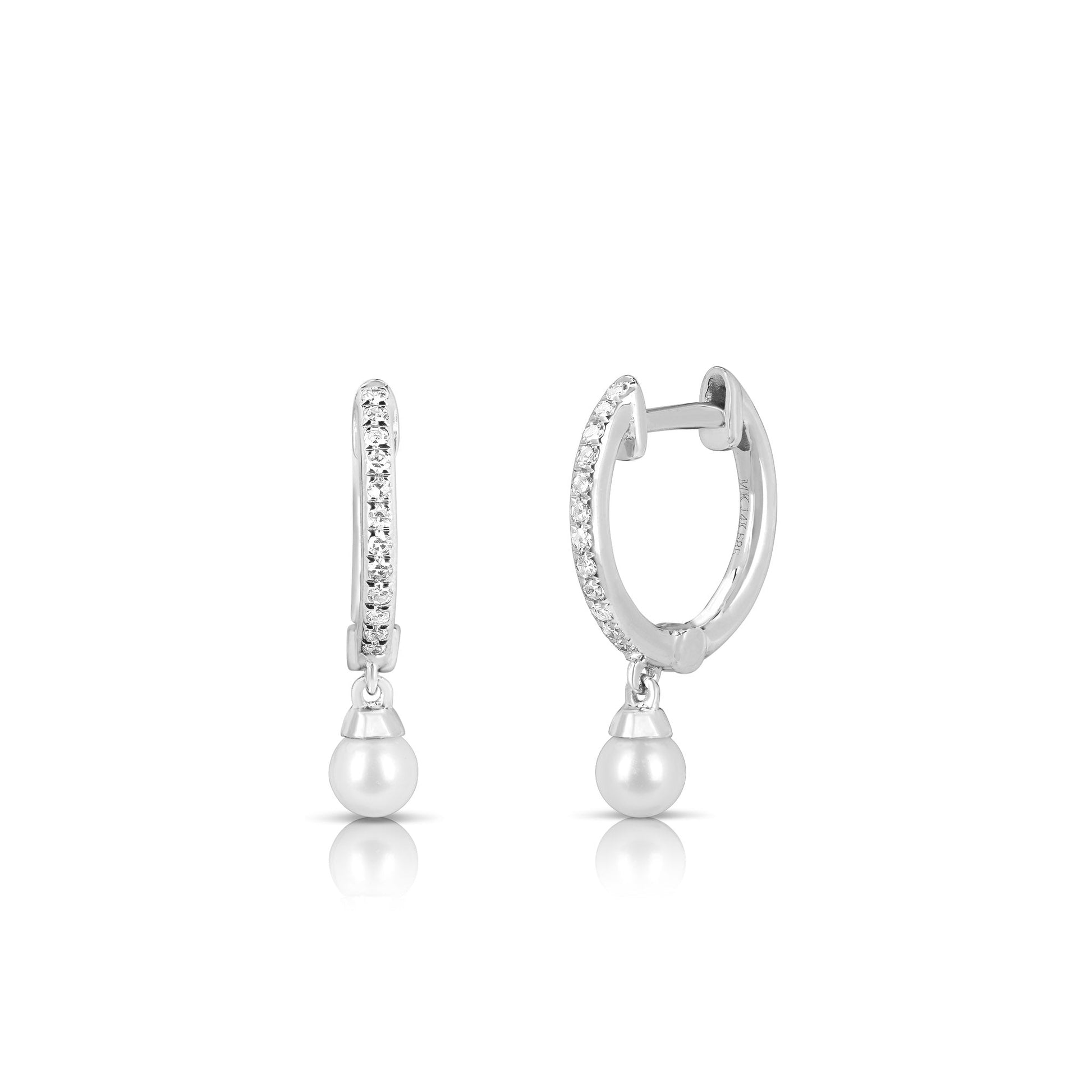 14K White Gold Pearl And Diamond Huggie Hoop Earrings (.15ctw)