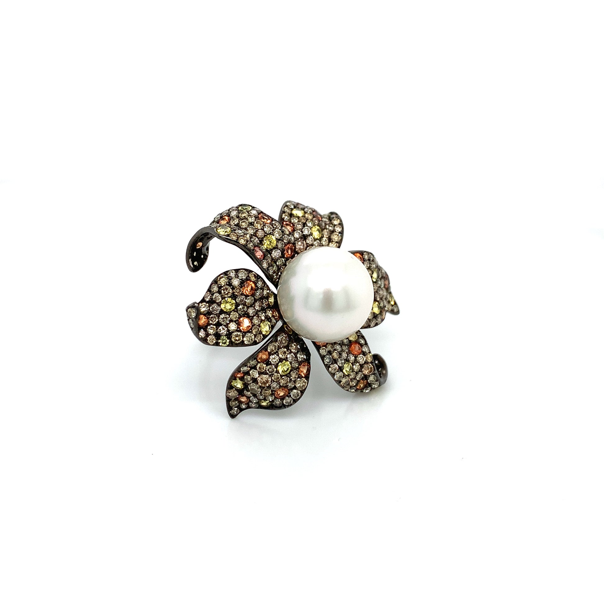 18K White Gold Pearl Ring With Orange/Yellow Sapphires And Fancy Brown Diamonds (21.58ctw)