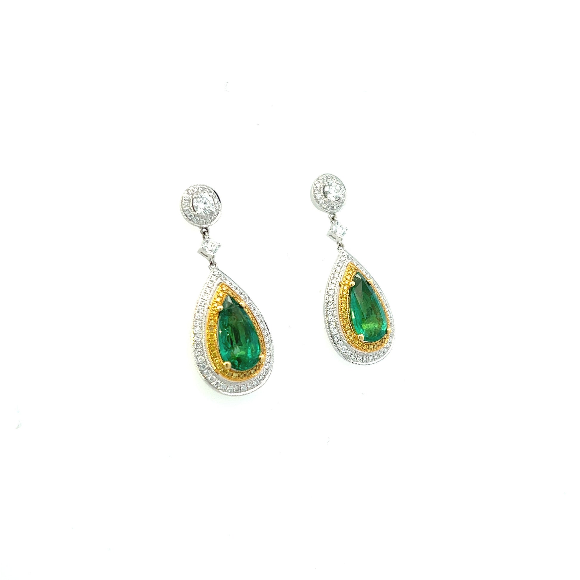 18K Yellow And White Gold Pear Shape Emerald And Fancy Yellow Diamond Double Halo Drop Earrings (5.55ctw)