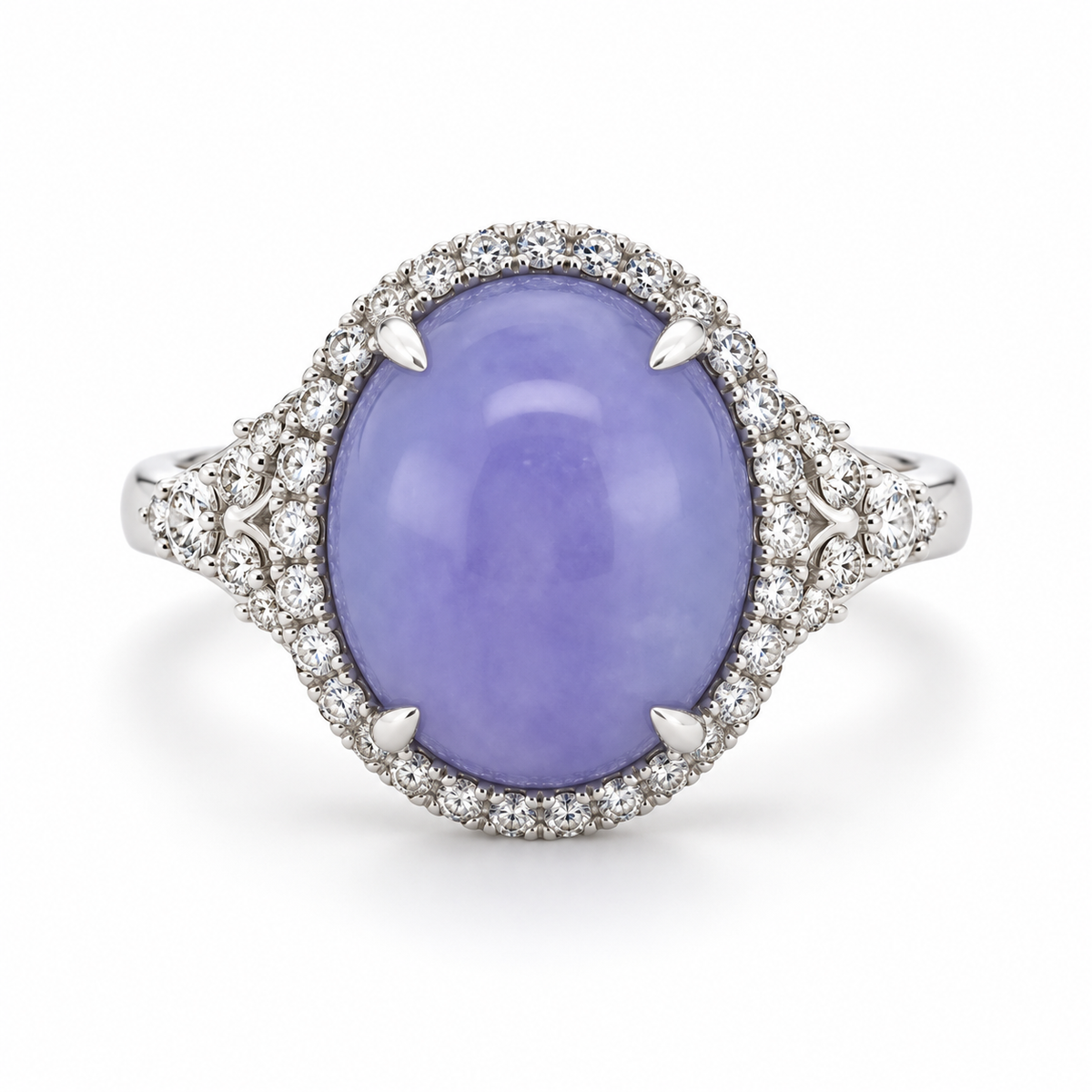 6.94ctw Oval Lavender Jade and Diamond Halo Ring in Palladium &amp; 18K White Gold