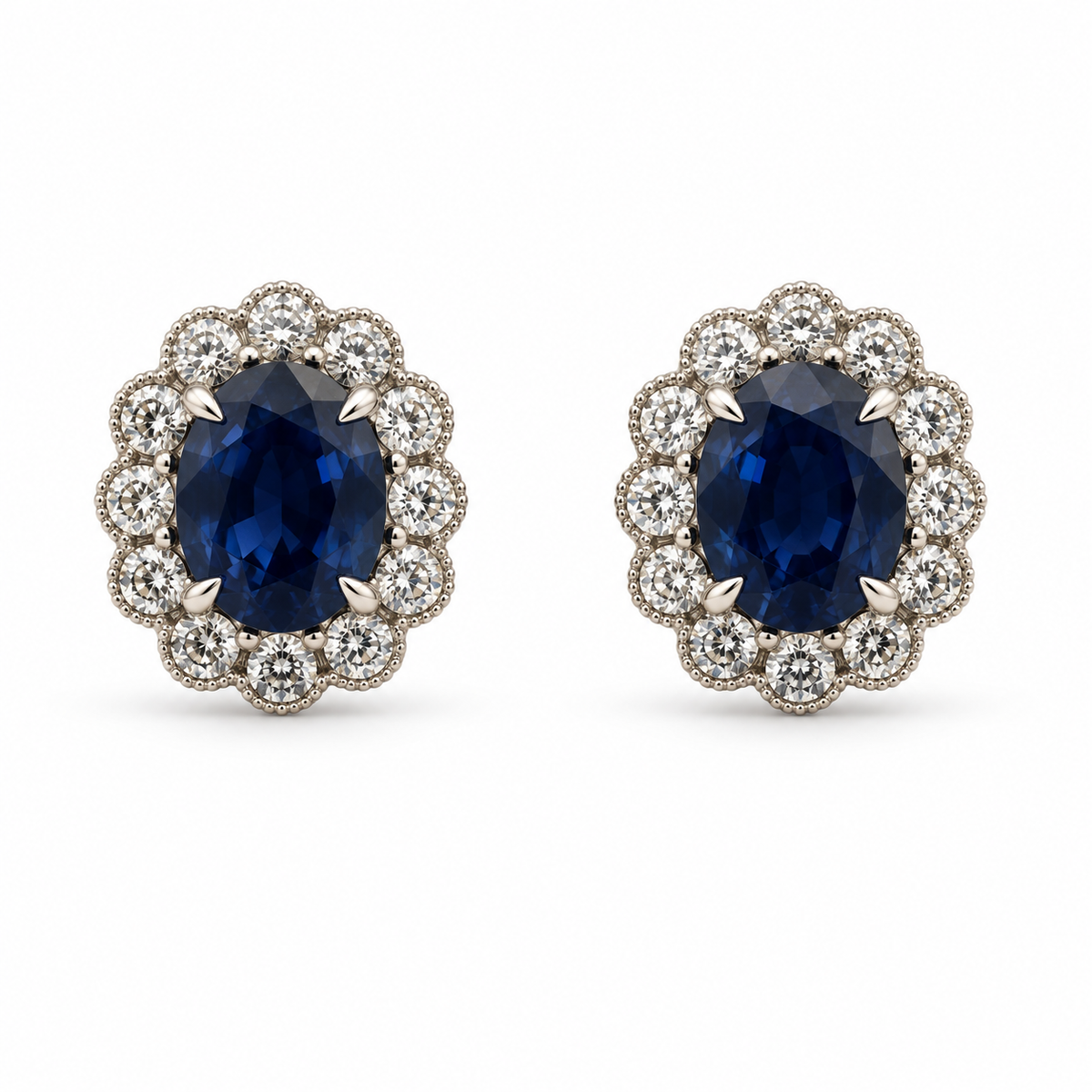 4.07ctw Oval Blue Sapphire and Diamond Halo Earrings in 18K White Gold