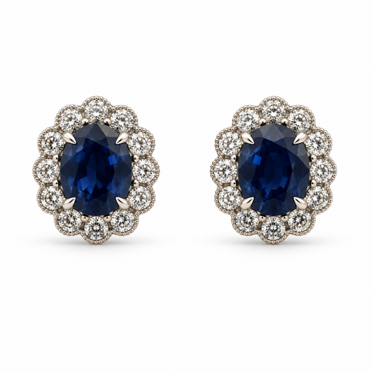 4.07ctw Oval Blue Sapphire and Diamond Halo Earrings in 18K White Gold