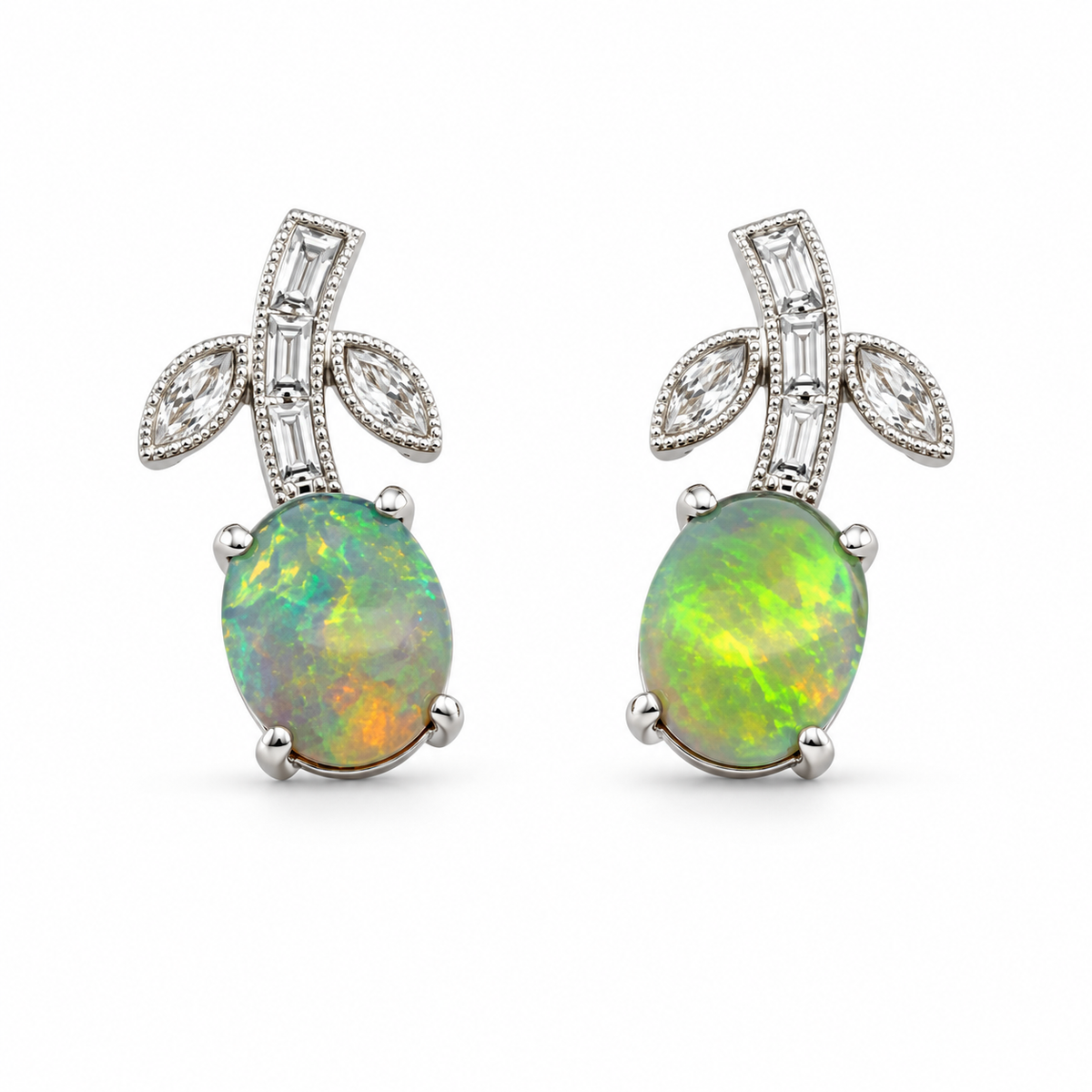2.00ctw Oval Opal & Diamond Drop Earrings in Palladium &a 18K White Gold